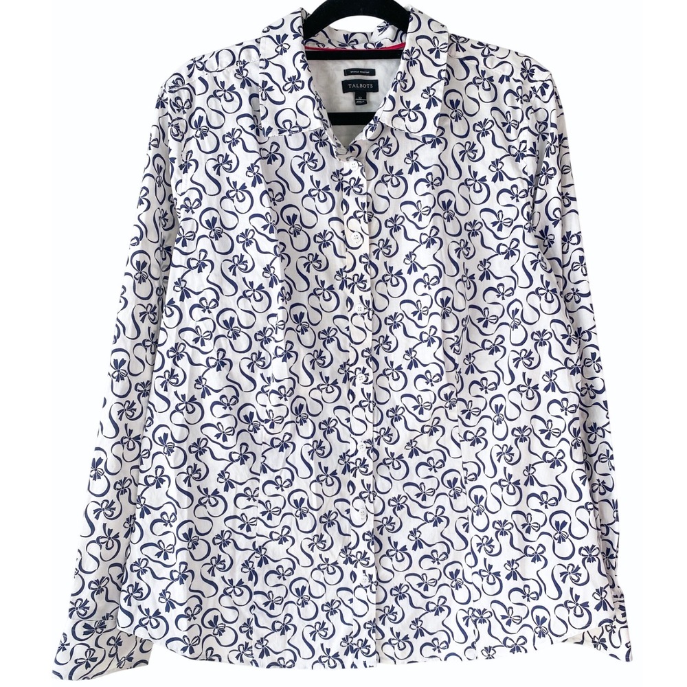 Talbots Womens Button Up Shirt 12 White Navy Bow Print Wrinkle Resistant Travel